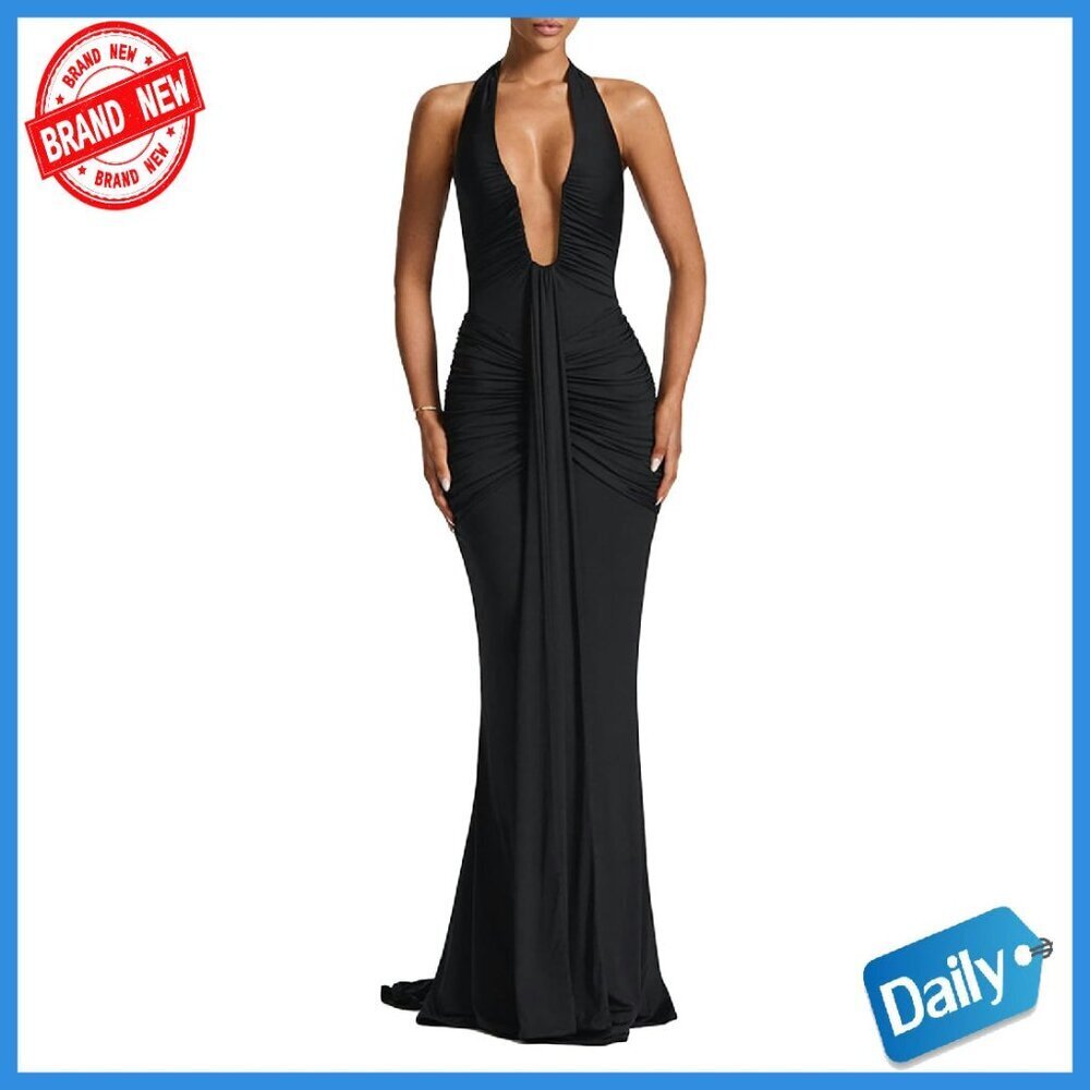 Sleeveless Halter Maxi Dress Deep V Neck Ruched Formal Gown